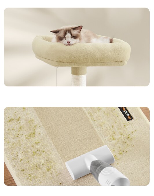 Cat sleeping on a padded perch and easy-clean plush surface