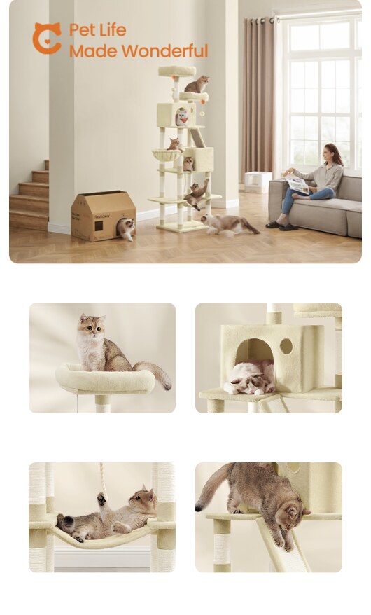 Cats playing on the cat tree in a living room